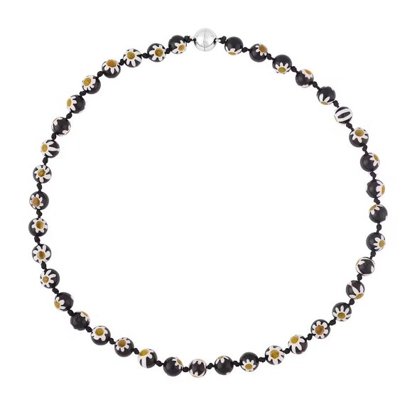 Black Color Murano Style Beaded Necklace 20 Inches Magnetic Lock in Silvertone - Picture 1 of 5